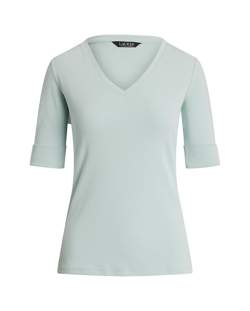 T-shirt de Algodão com Decote em Bico Azul-claro-5