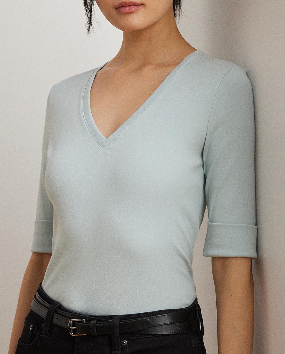 T-shirt de Algodão com Decote em Bico Azul-claro-4
