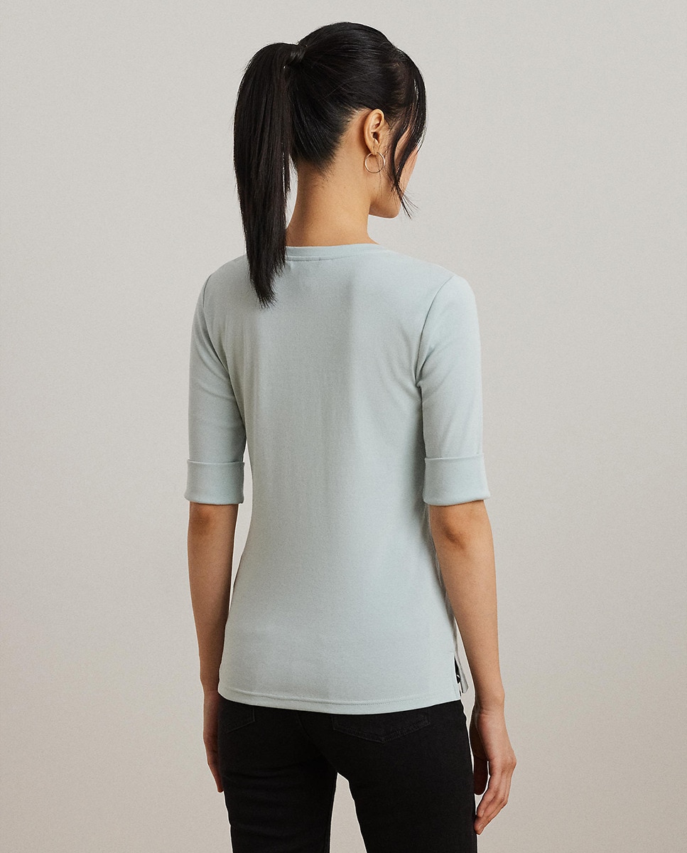 T-shirt de Algodão com Decote em Bico Azul-claro-3