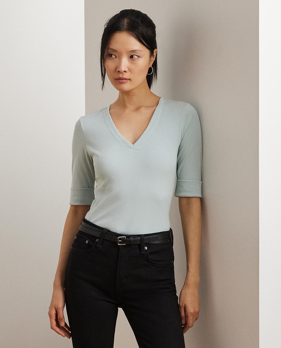 T-shirt de Algodão com Decote em Bico Azul-claro-1