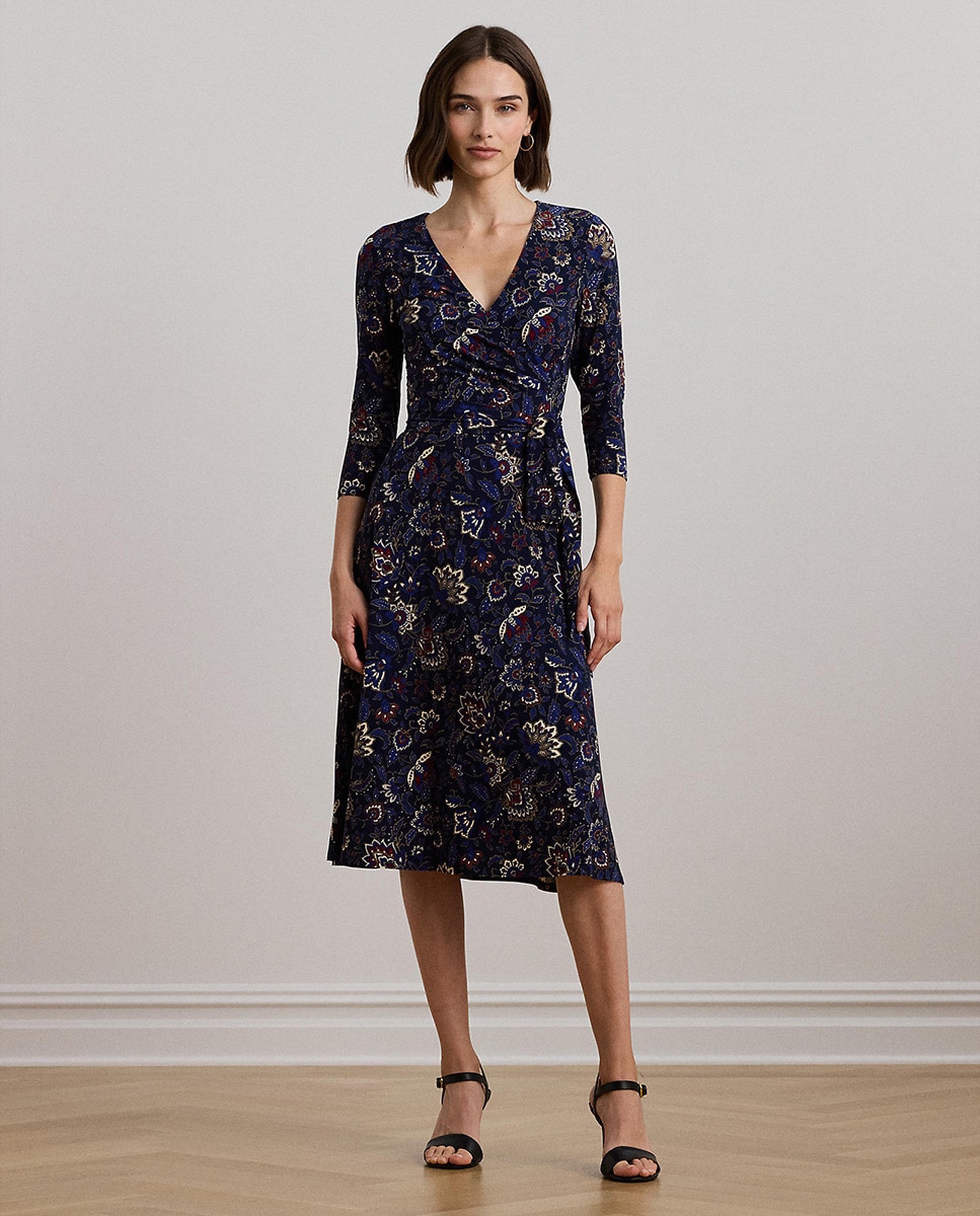Vestido Midi Estampado com Manga 3/4 Azul-marinho-1