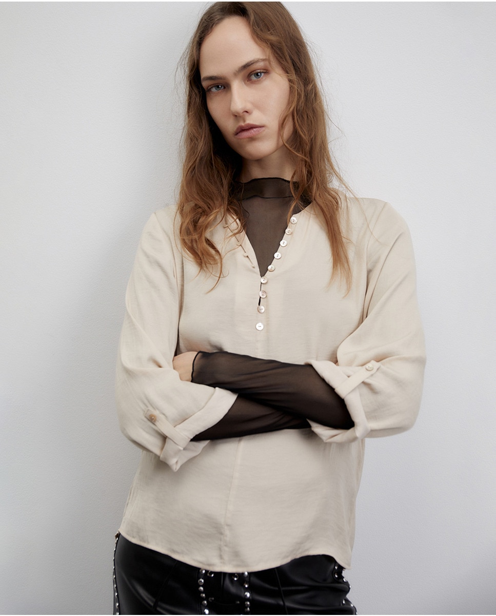 Blusa fluida com botões Bege-3