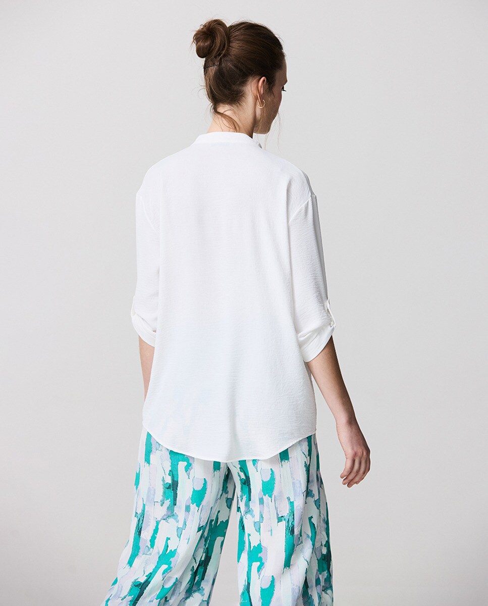 Camisa com Decote em Bico e Mangas Ajustáveis Branco-2