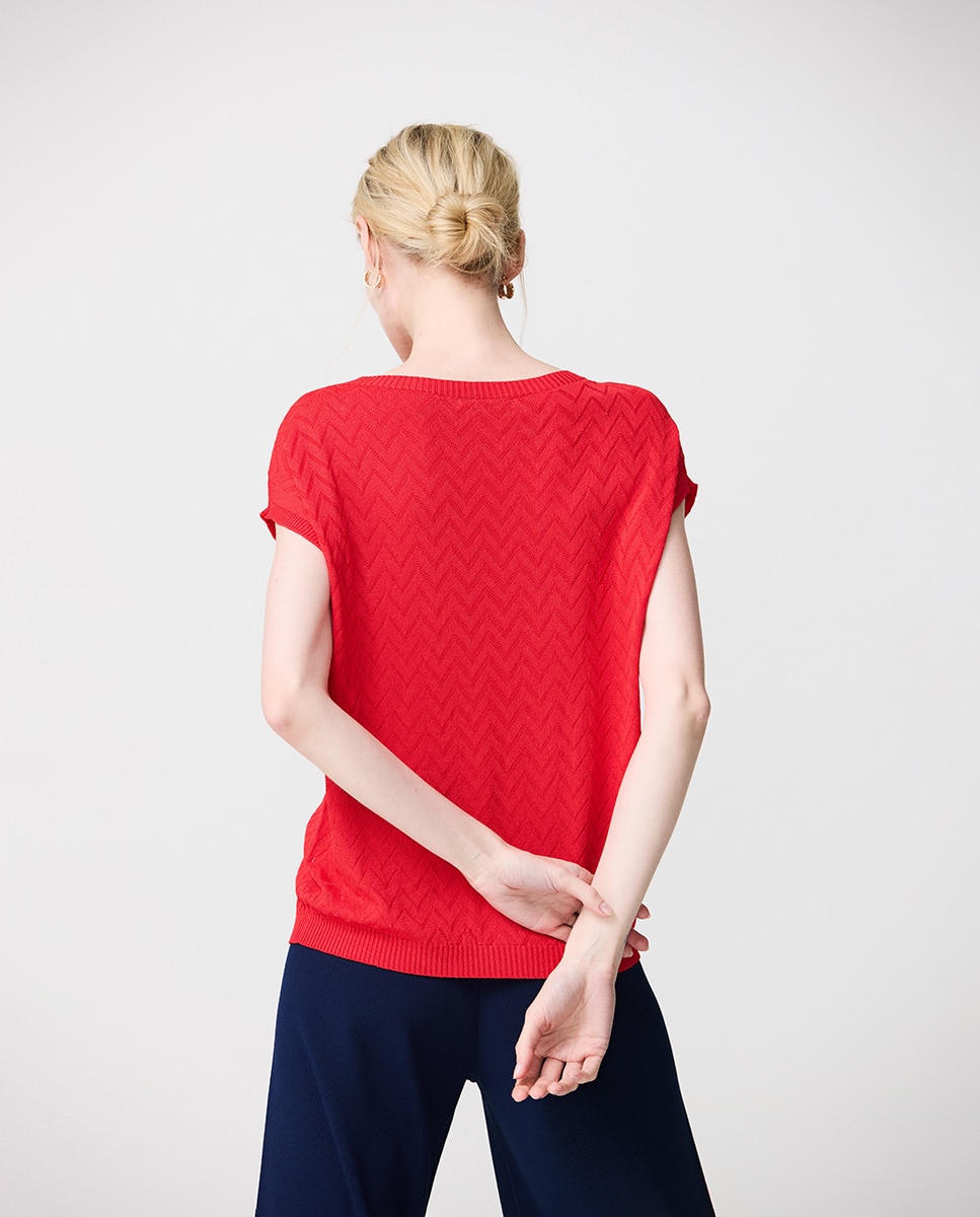Camisola de Malha Chevron com Decote à Barco e Manga Curta Vermelho-2