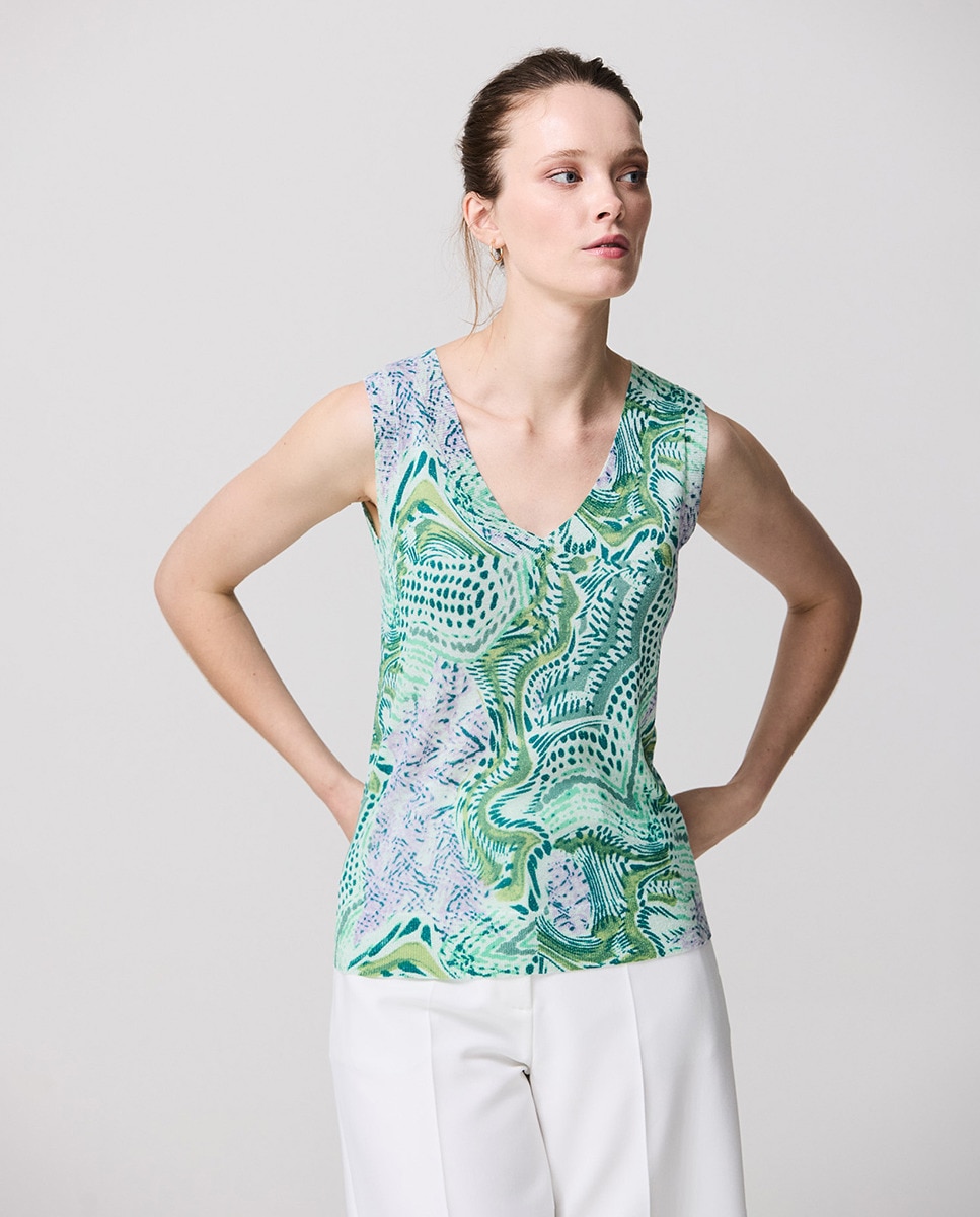 Camisola de Malha em Tecido de Fio Metalizado com Estampado Orgânico Azul-1