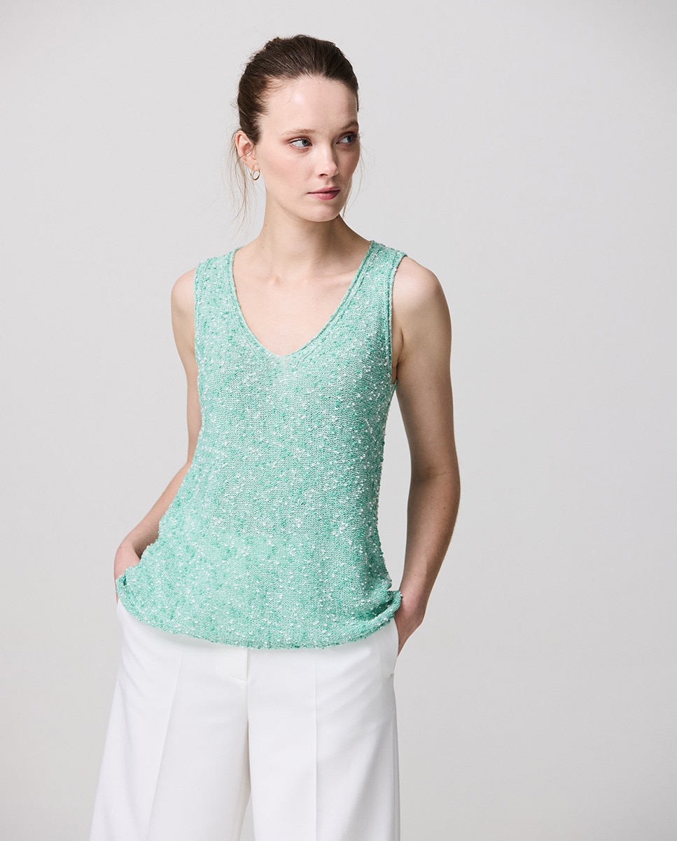 Camisola de Malha de Alças em Tecido de Fio de Algodão Azul-1