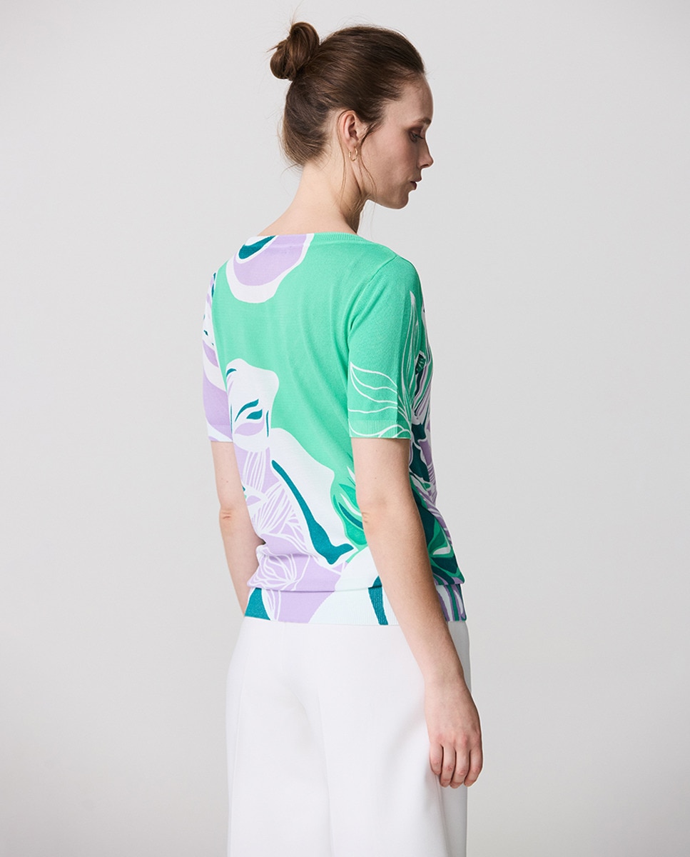 Camisola de Malha com Estampado Floral, Gola Aberta e Manga até ao Cotovelo Multicolor-2