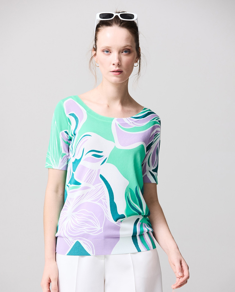 Camisola de Malha com Estampado Floral, Gola Aberta e Manga até ao Cotovelo Multicolor-1