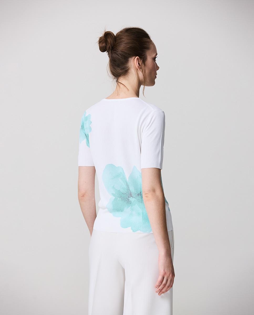 Camisola de Malha com Estampado Floral, Decote Redondo e Manga Curta Azul-claro-2