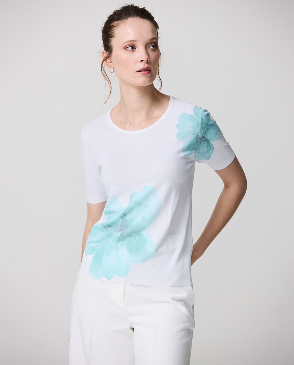 Camisola de Malha com Estampado Floral, Decote Redondo e Manga Curta Azul-claro-1
