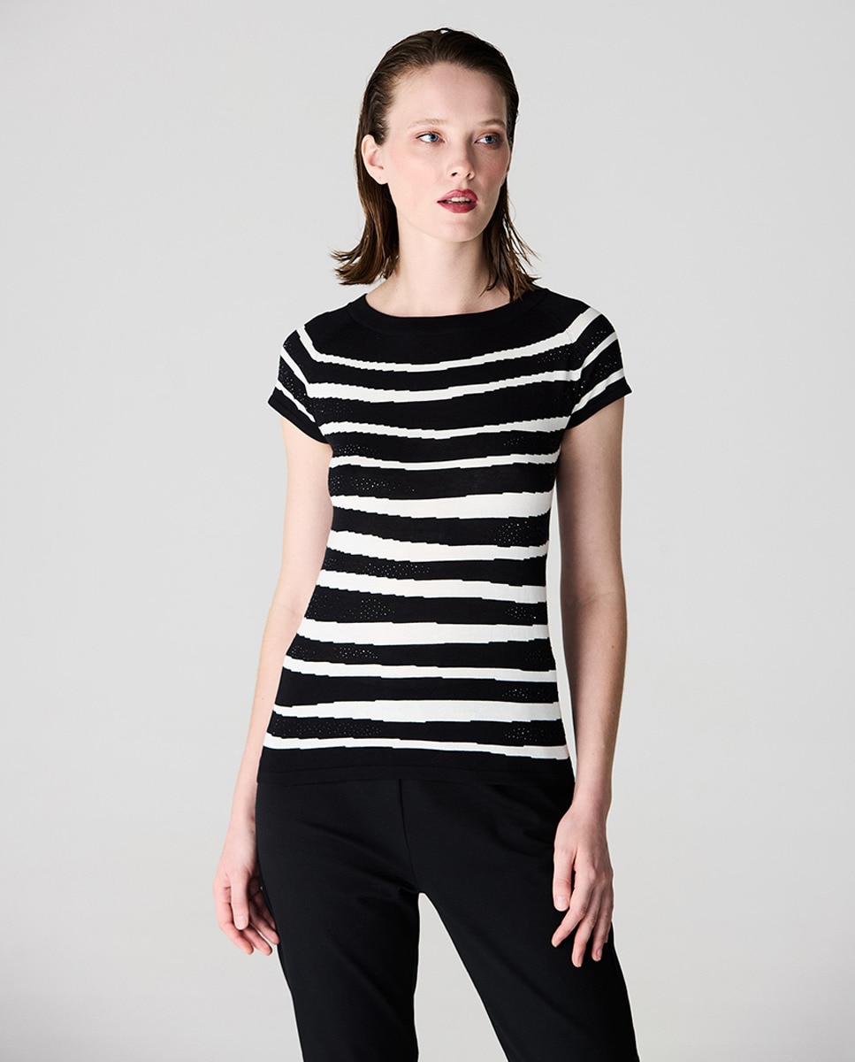 Camisola de Malha às Riscas e Brilhante Preto-1