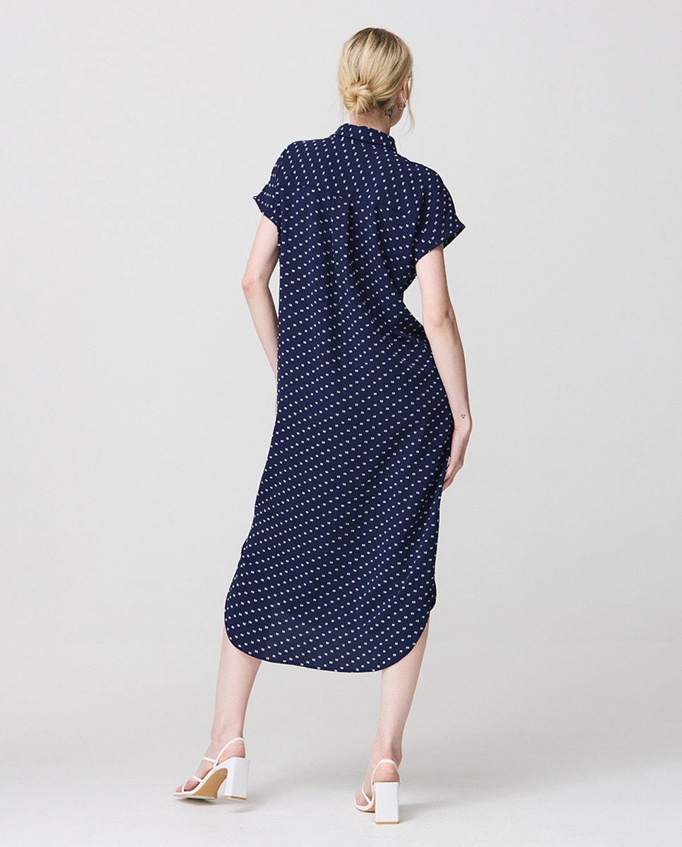 Vestido Midi às Bolinhas com Colarinho de Camisa Azul-marinho-2