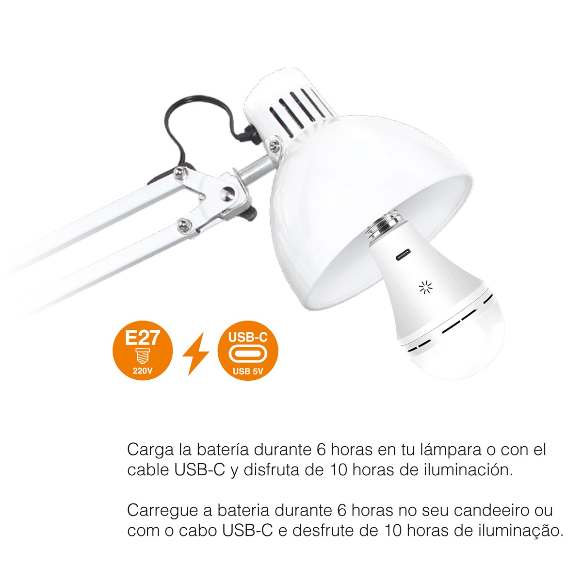 Lâmpada LED de Emergência Recarregável e Ajustável 6 W - 500 lm Branco-3