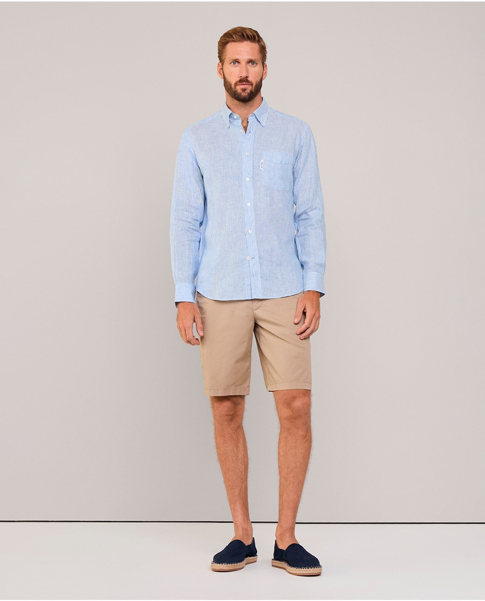 Camisa de Linho Regular Fit às Riscas Bengal Azul-7