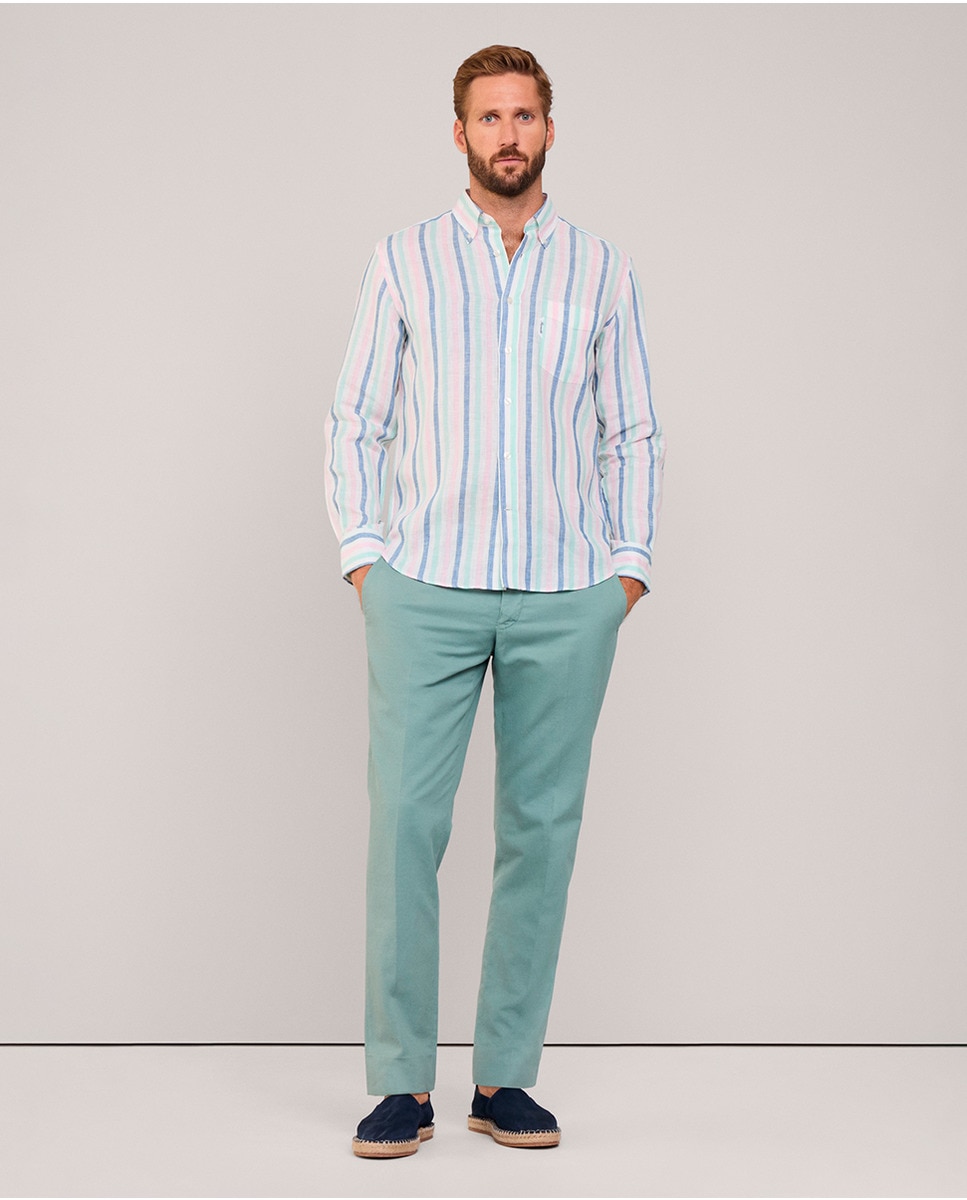 Camisa Regular Fit de Linho às Riscas Largas Multicolor-7