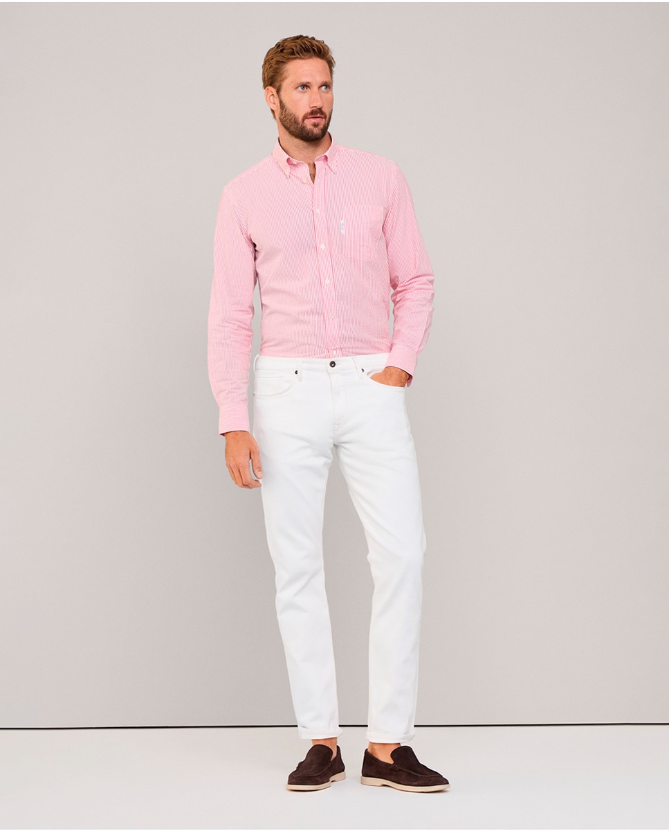 Camisa Regular Fit em Algodão e Seersucker Vermelho-8