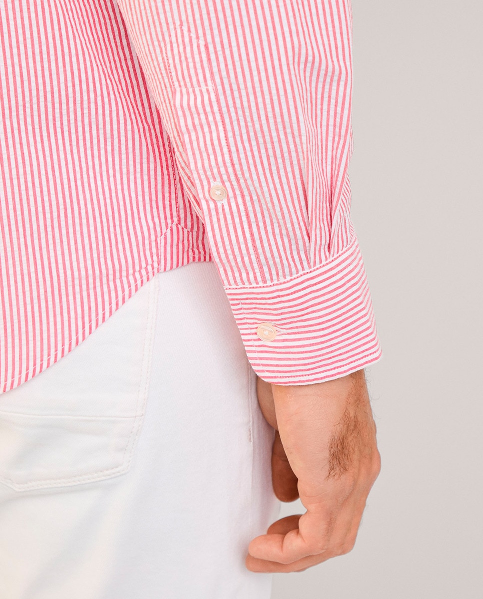 Camisa Regular Fit em Algodão e Seersucker Vermelho-5