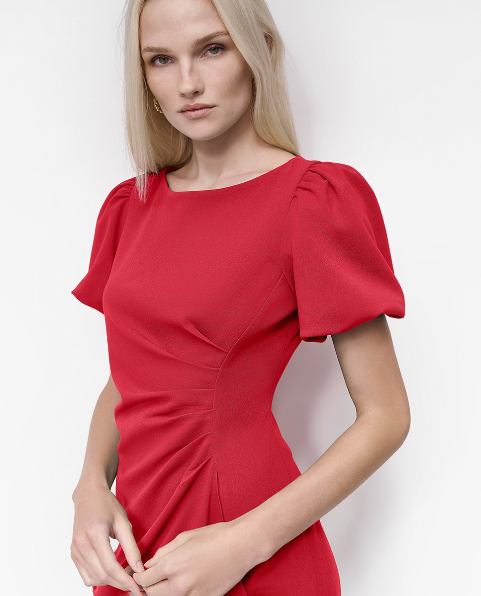 Vestido Curto com Decote Redondo e Mangas em Balão Vermelho-6