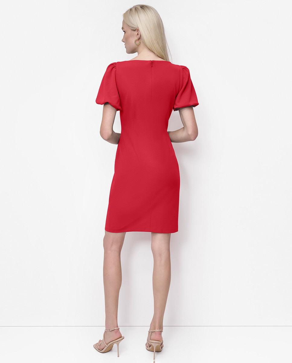 Vestido Curto com Decote Redondo e Mangas em Balão Vermelho-3