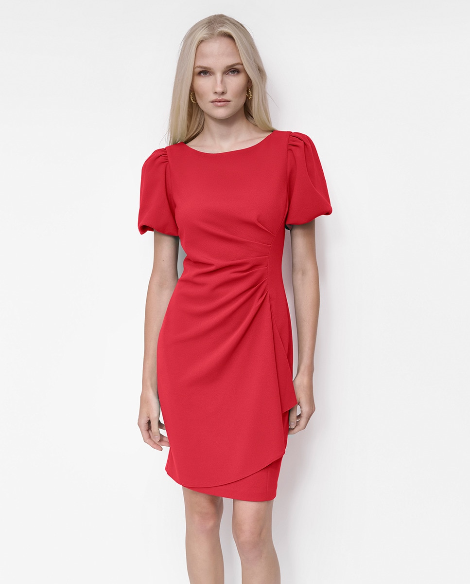 Vestido Curto com Decote Redondo e Mangas em Balão Vermelho-2