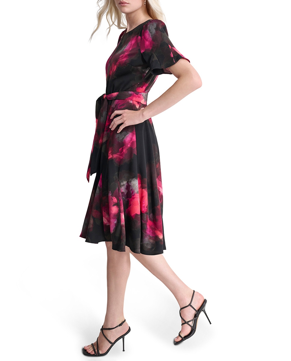 Vestido Midi Godet com Manga Curta e Saia Rodada Multicolor-4