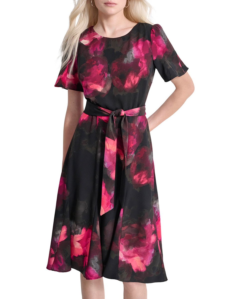 Vestido Midi Godet com Manga Curta e Saia Rodada Multicolor-2