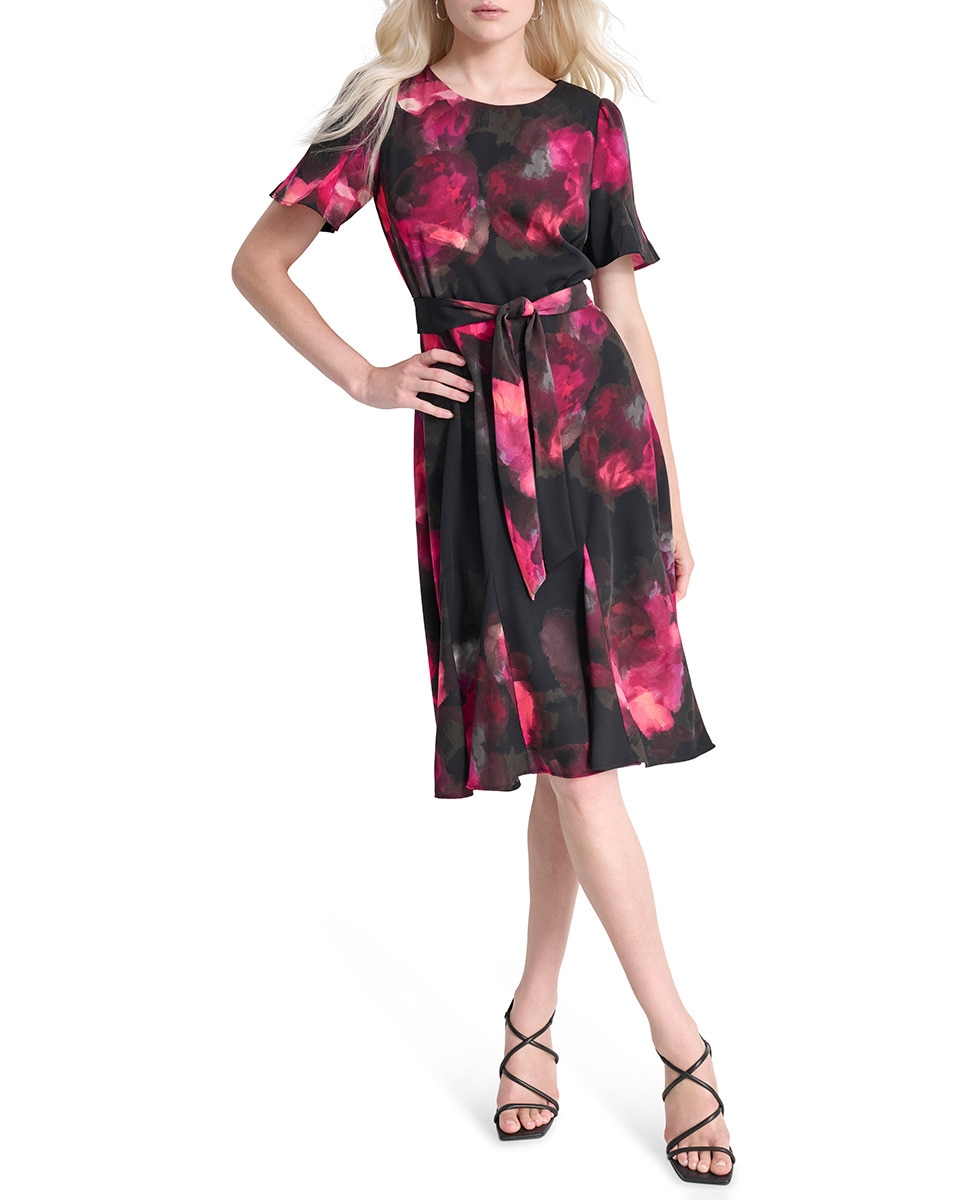 Vestido Midi Godet com Manga Curta e Saia Rodada Multicolor-1