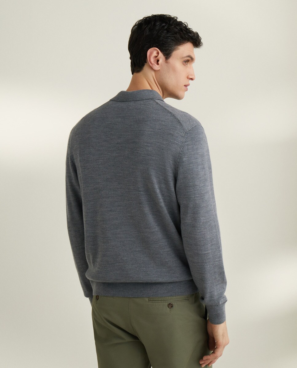 Camisola de Malha 100% Merino Lisa com Colarinho de Polo com Fecho de Correr Cinzento-7