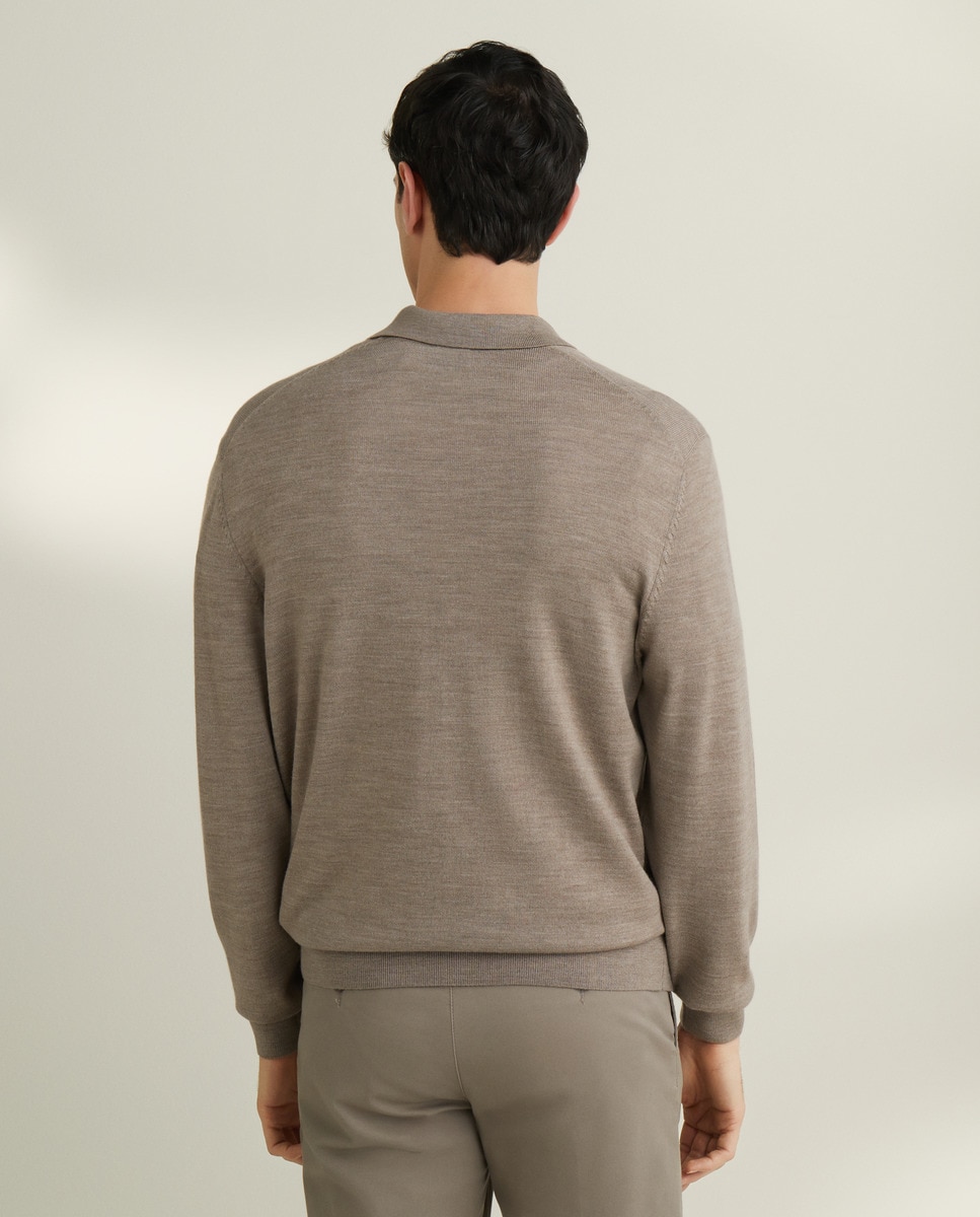 Camisola de Malha 100% Merino Lisa com Colarinho de Polo com Fecho de Correr Bege-3