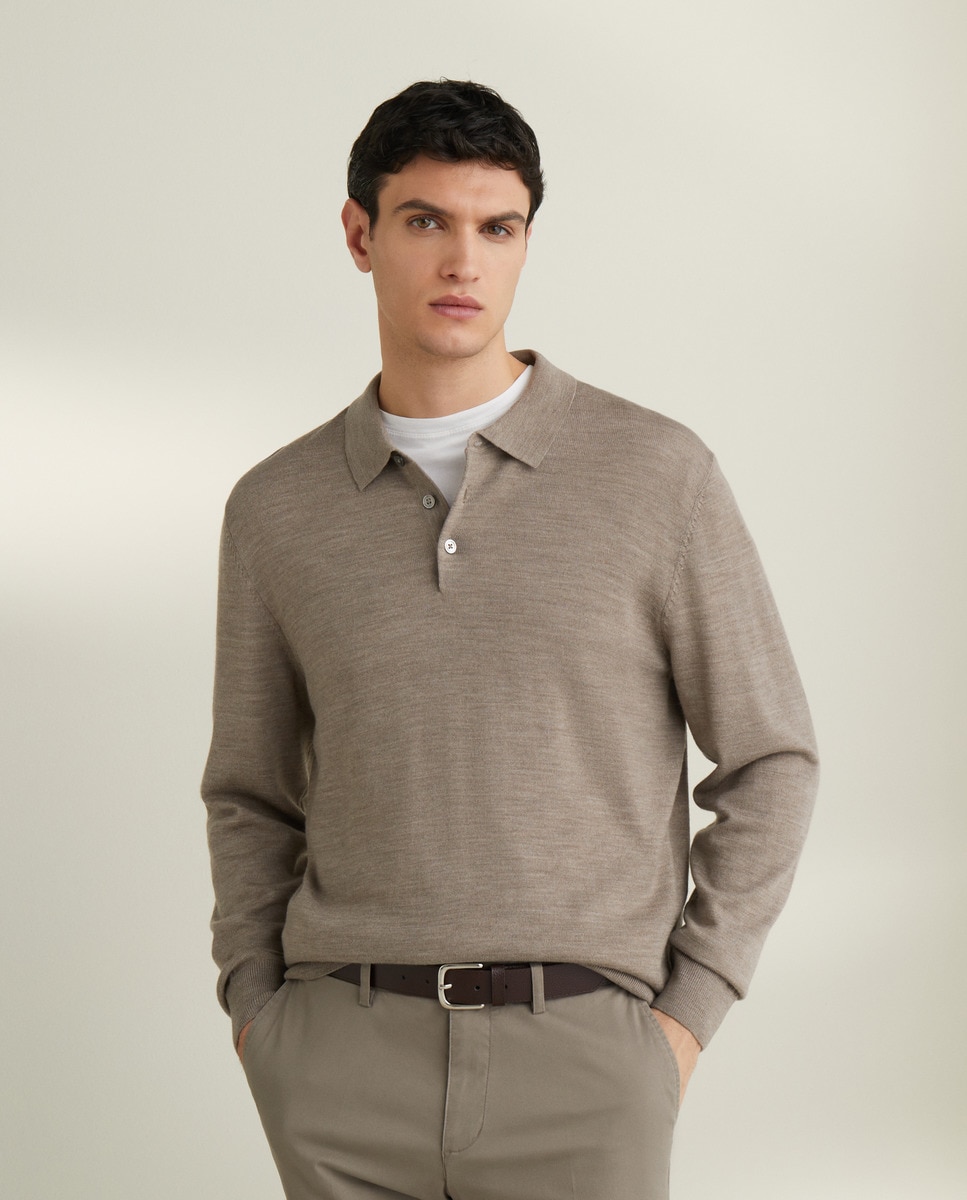 Camisola de Malha 100% Merino Lisa com Colarinho de Polo com Fecho de Correr Bege-1