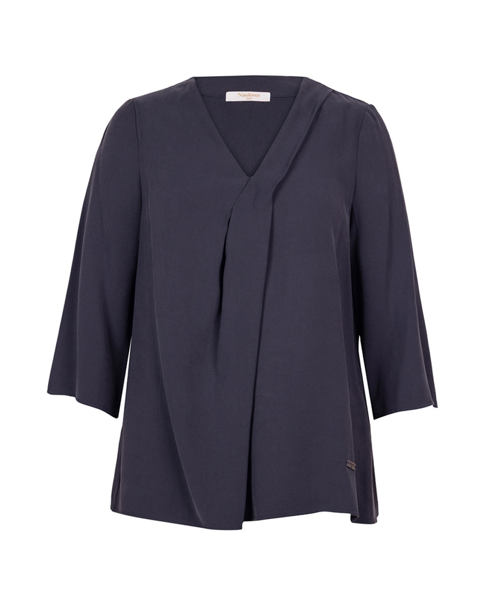 Blusa com Prega à Frente e Decote em Bico Azul-marinho-5