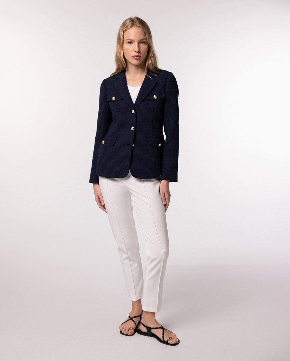 Blazer de Malha Tweed com Bolsos Laterais e Quatro Bolsos Simulados à Frente Azul-marinho-6