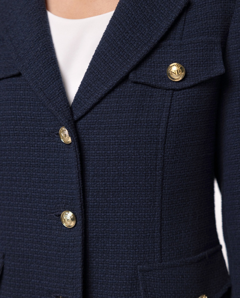Blazer de Malha Tweed com Bolsos Laterais e Quatro Bolsos Simulados à Frente Azul-marinho-4