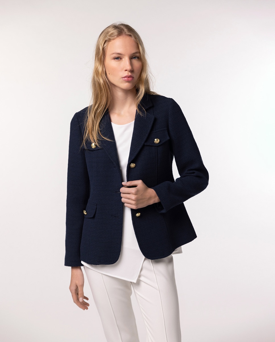 Blazer de Malha Tweed com Bolsos Laterais e Quatro Bolsos Simulados à Frente Azul-marinho-3