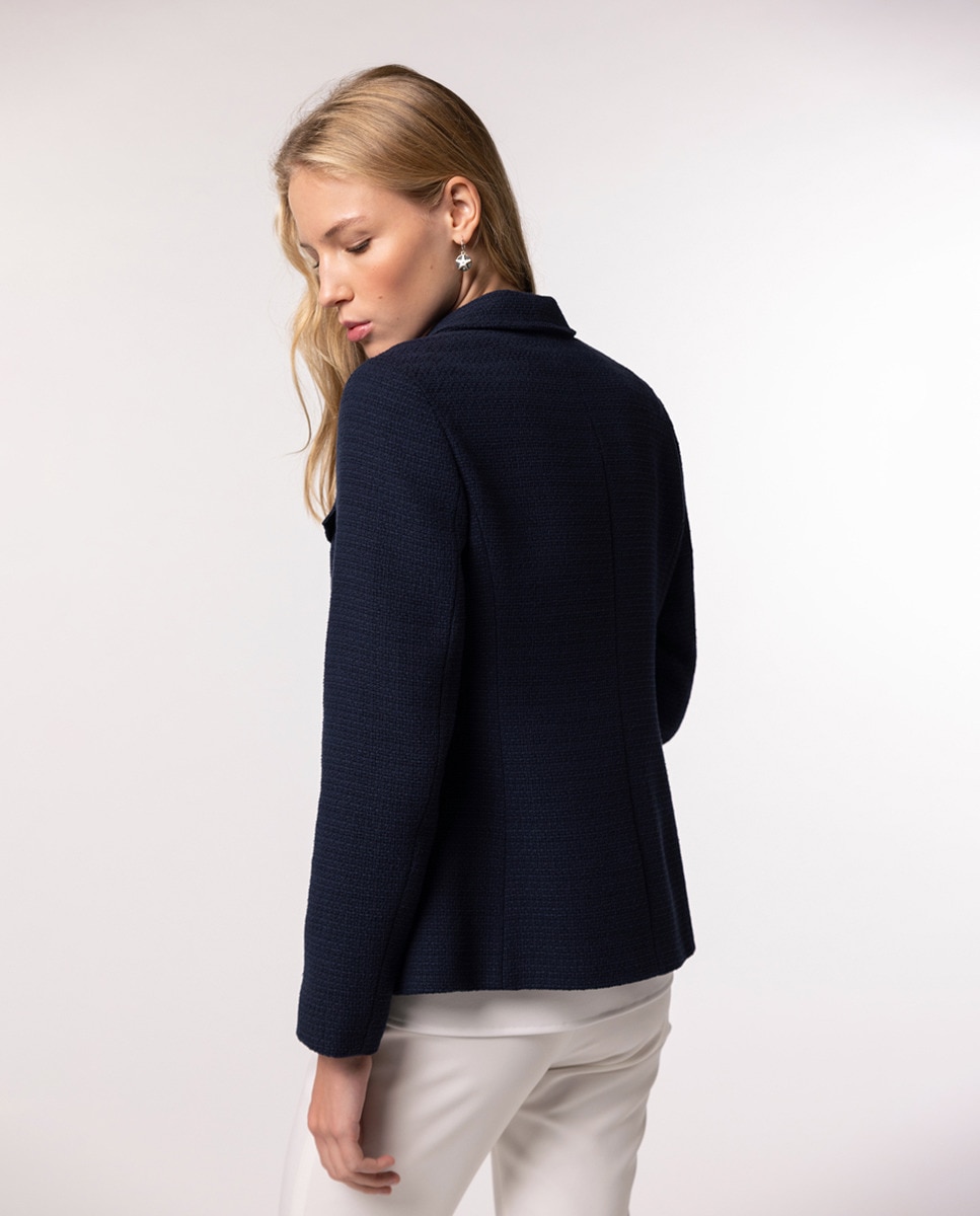 Blazer de Malha Tweed com Bolsos Laterais e Quatro Bolsos Simulados à Frente Azul-marinho-2