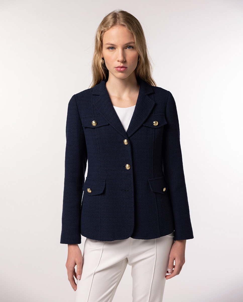 Blazer de Malha Tweed com Bolsos Laterais e Quatro Bolsos Simulados à Frente Azul-marinho-1