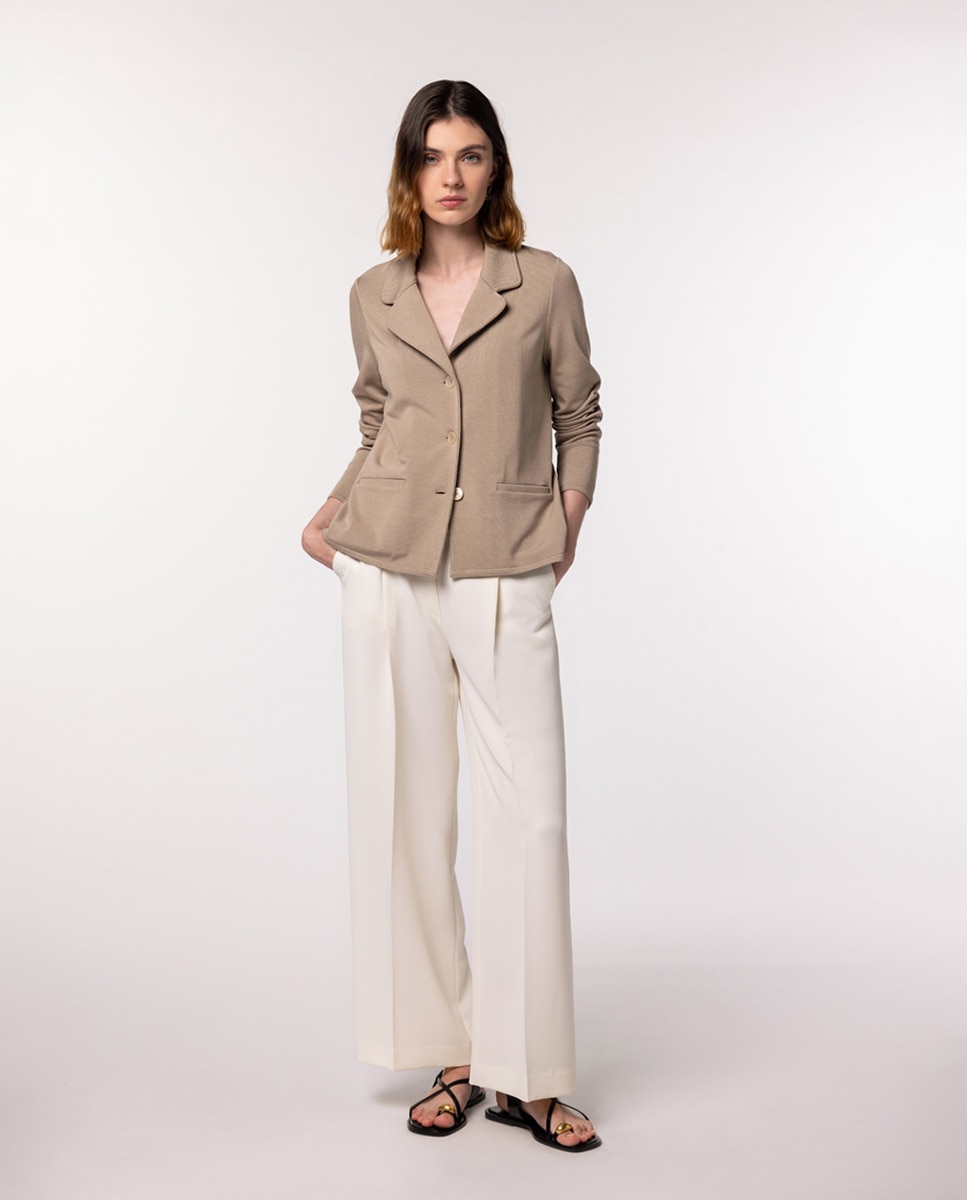 Blazer de Malha com Bolsos à Frente Bege-5