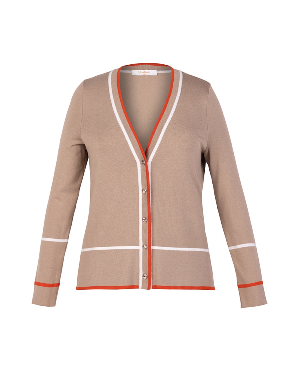 Casaco de Malha com Decote em Bico e Vivos em Contraste Taupe-5