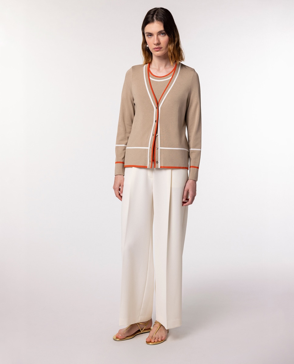 Casaco de Malha com Decote em Bico e Vivos em Contraste Taupe-6