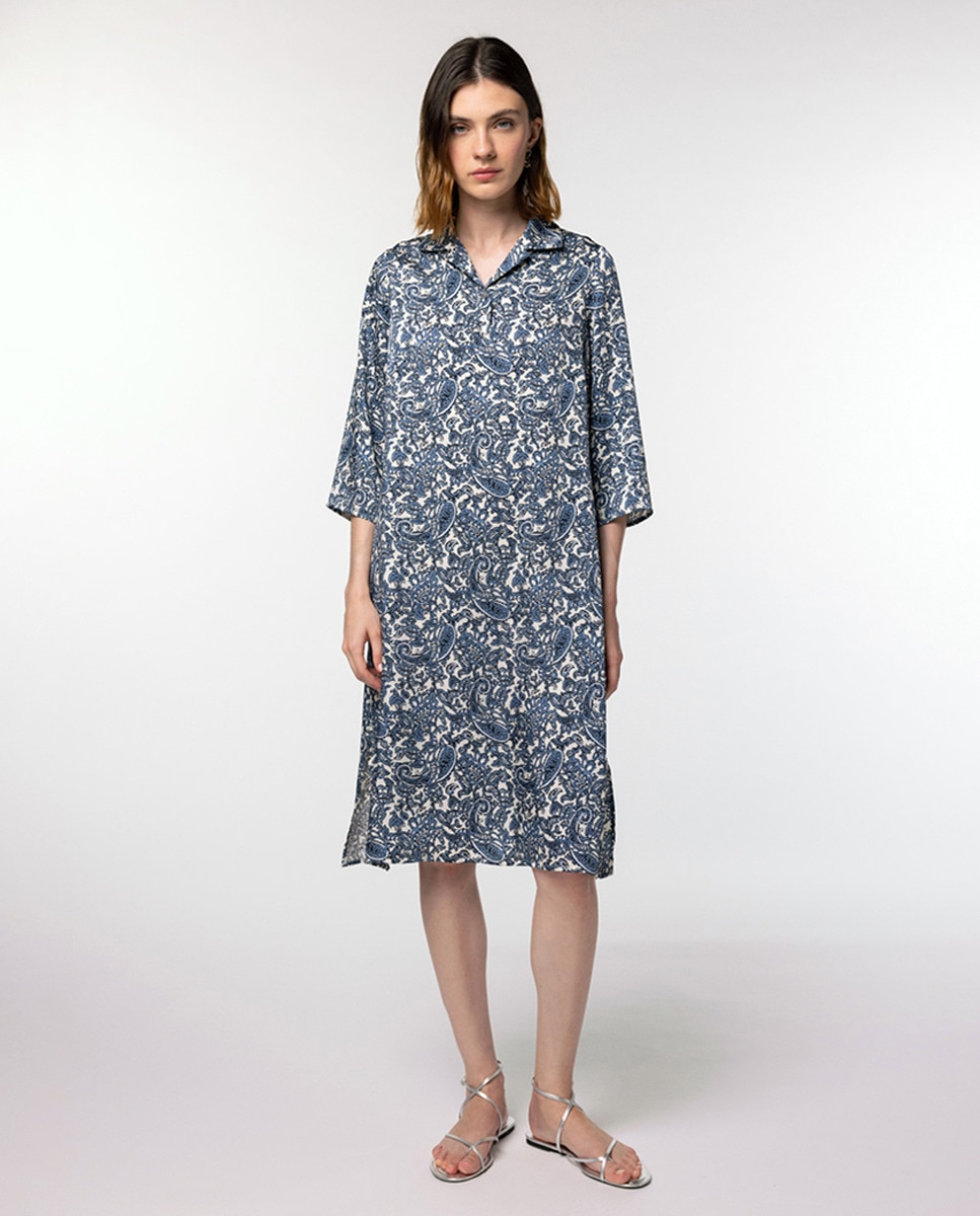 Vestido de Tecido com Estampado Paisley e Manga 3/4 Azul-índigo-1