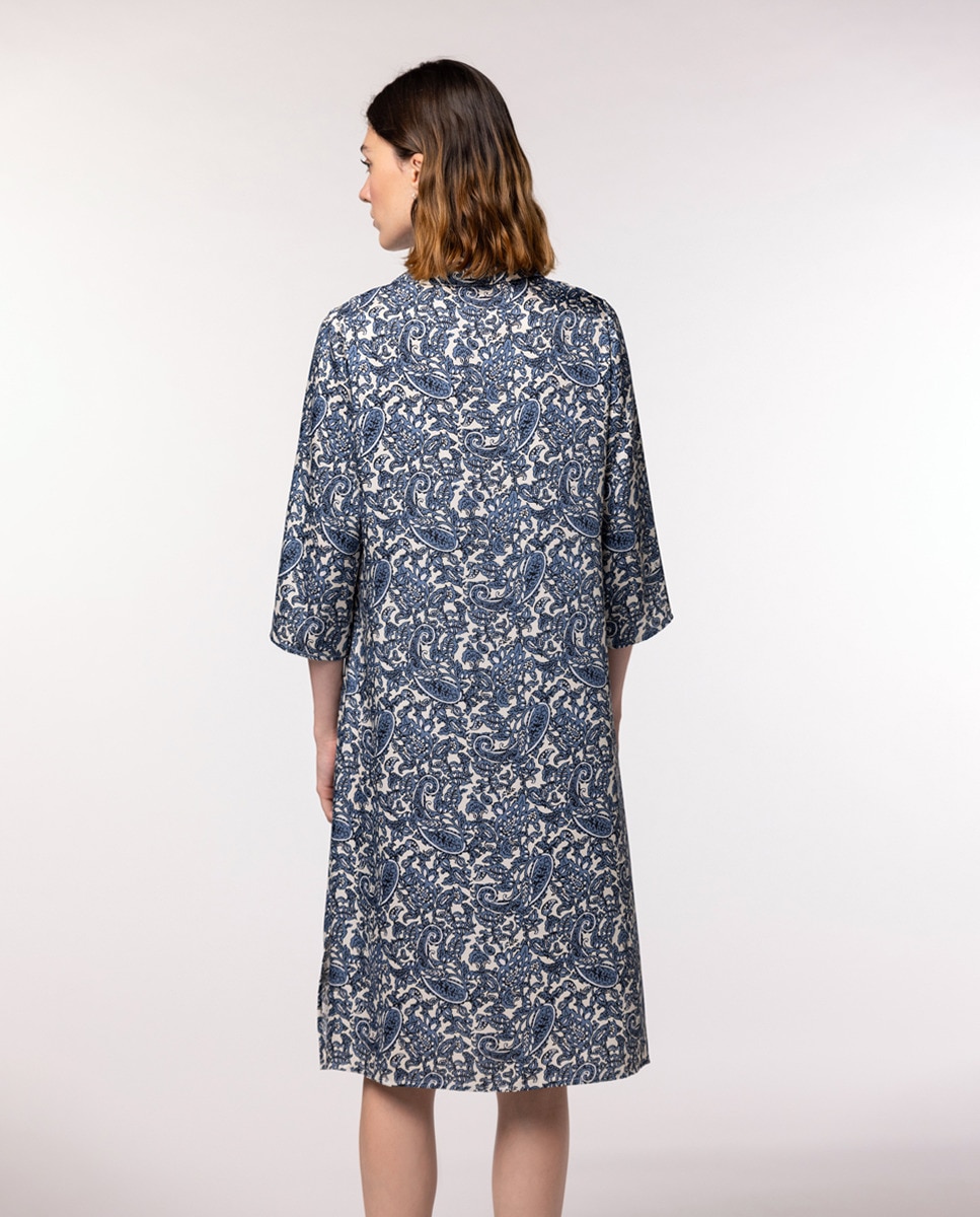 Vestido de Tecido com Estampado Paisley e Manga 3/4 Azul-índigo-3