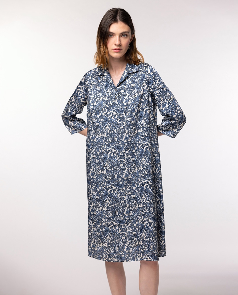 Vestido de Tecido com Estampado Paisley e Manga 3/4 Azul-índigo-2