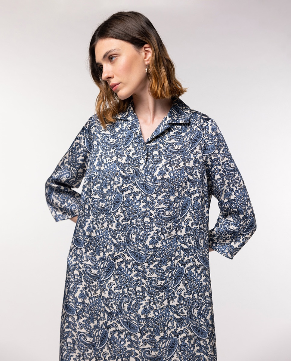 Vestido de Tecido com Estampado Paisley e Manga 3/4 Azul-índigo-4