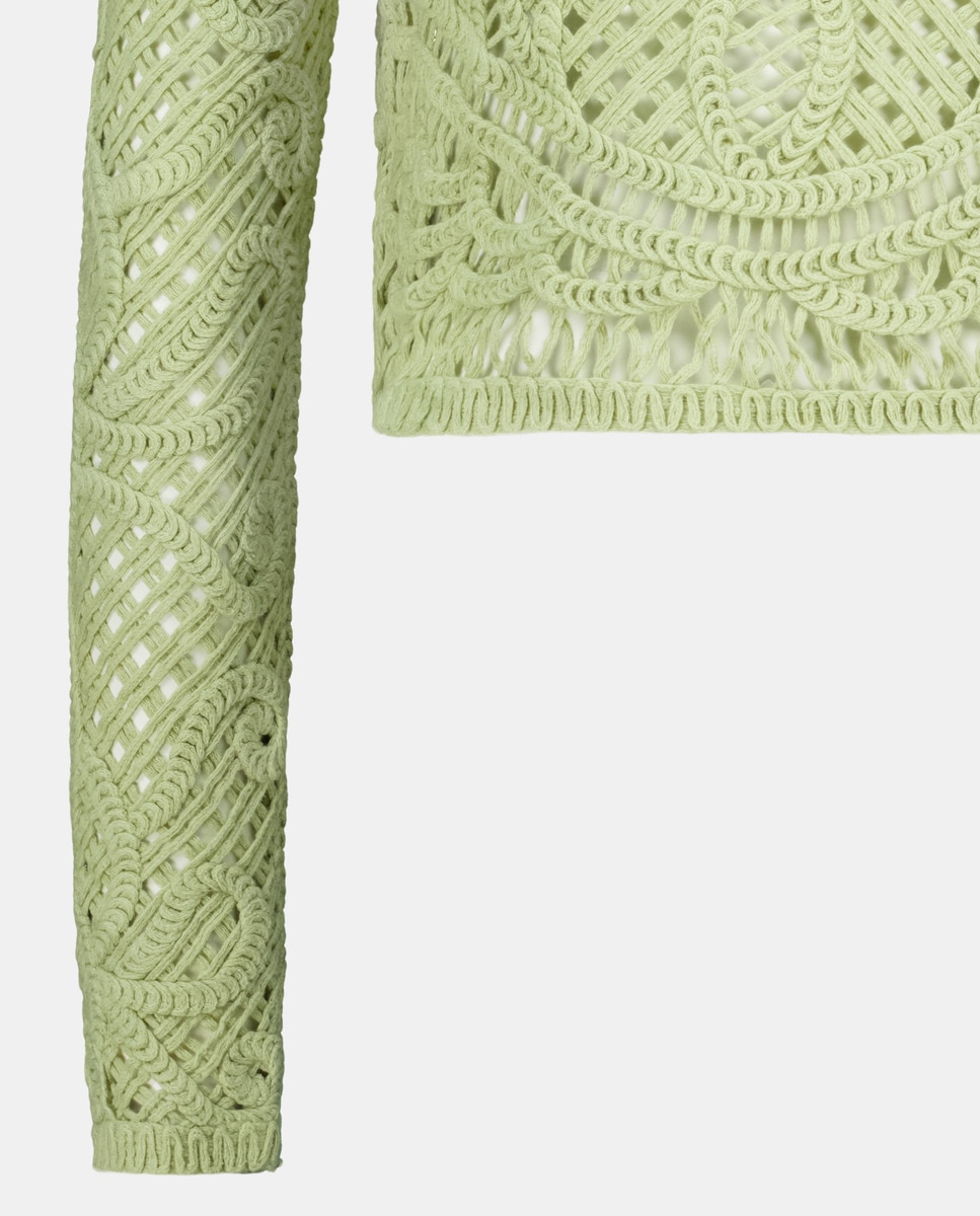 Camisola de Malha de Manga Comprida e Rendilhado de Crochet Verde-5