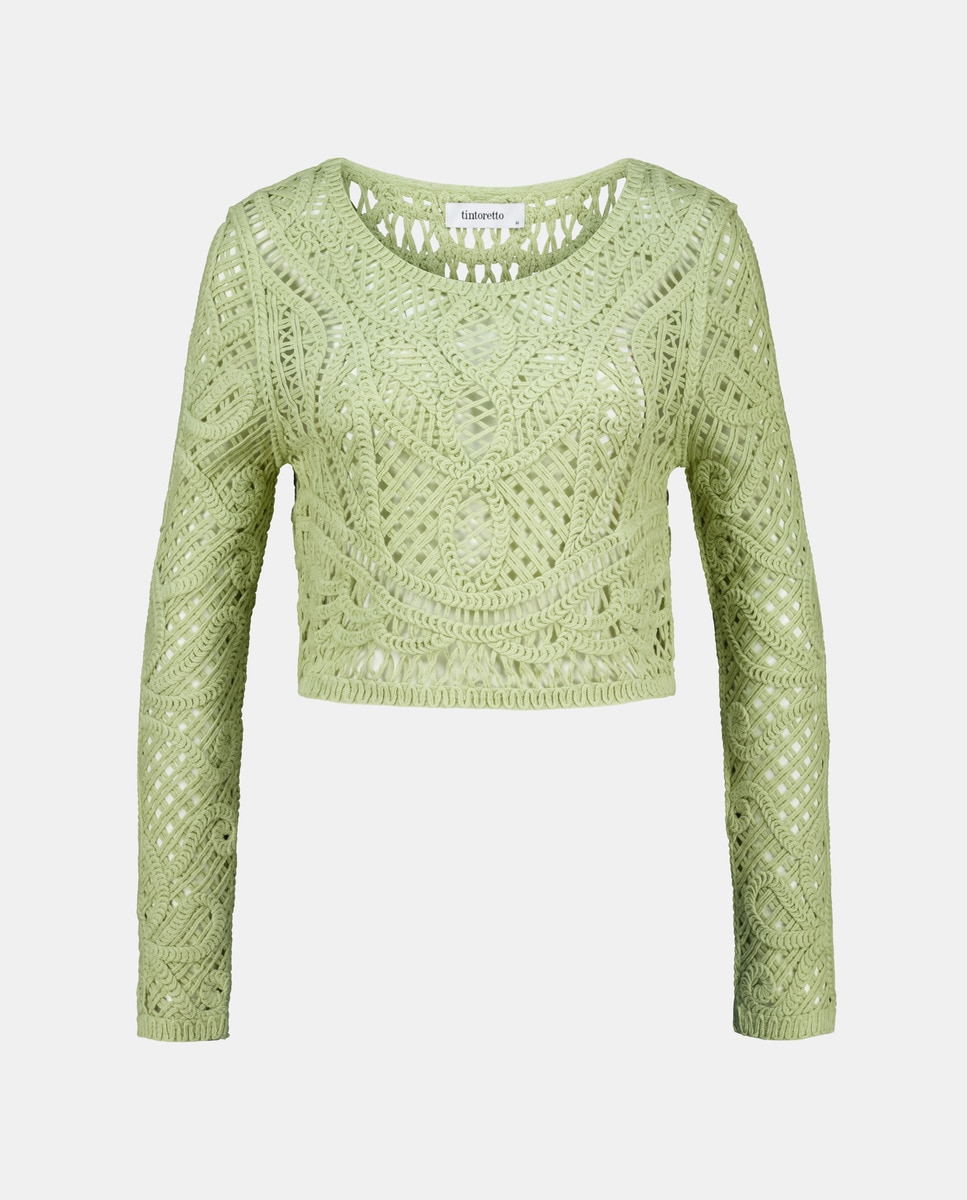 Camisola de Malha de Manga Comprida e Rendilhado de Crochet Verde-4