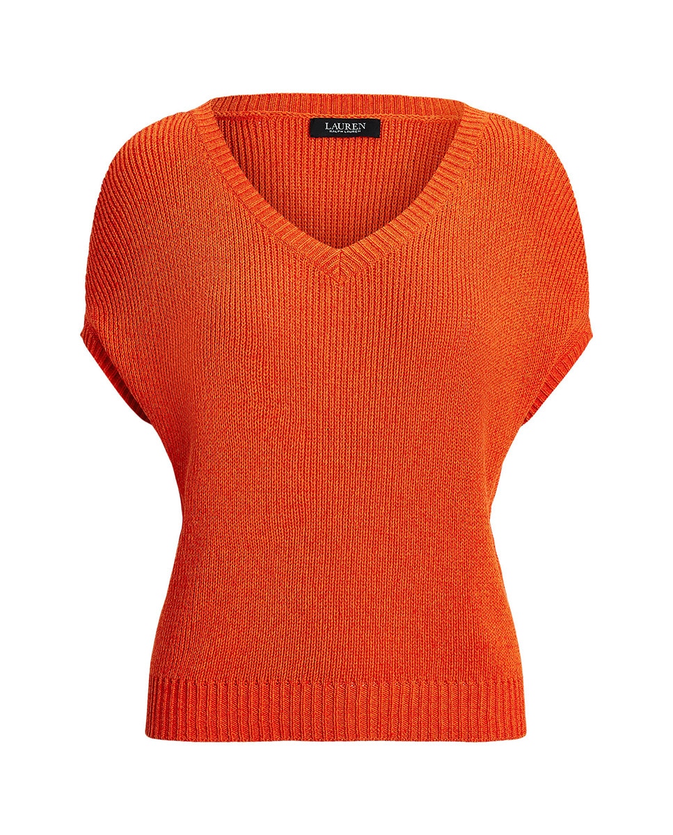 Camisola de Malha com Manga Curta e Decote em Bico Laranja-5