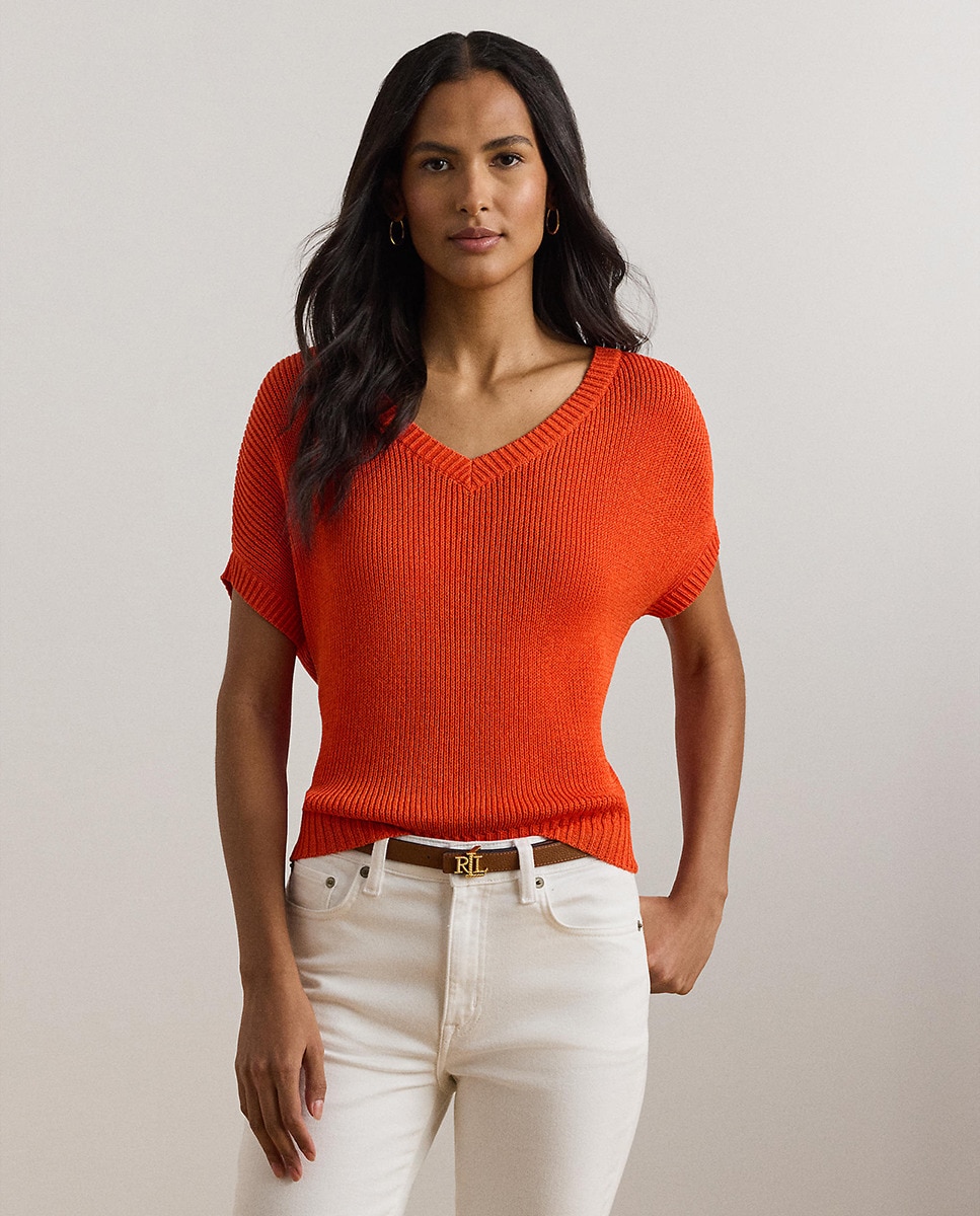 Camisola de Malha com Manga Curta e Decote em Bico Laranja-1