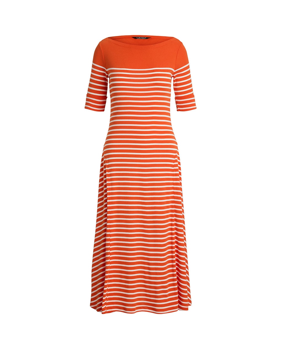 Vestido Midi de Manga Curta às Riscas Laranja-6