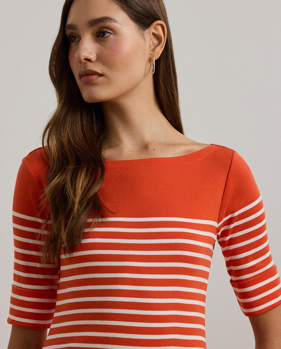 Vestido Midi de Manga Curta às Riscas Laranja-5