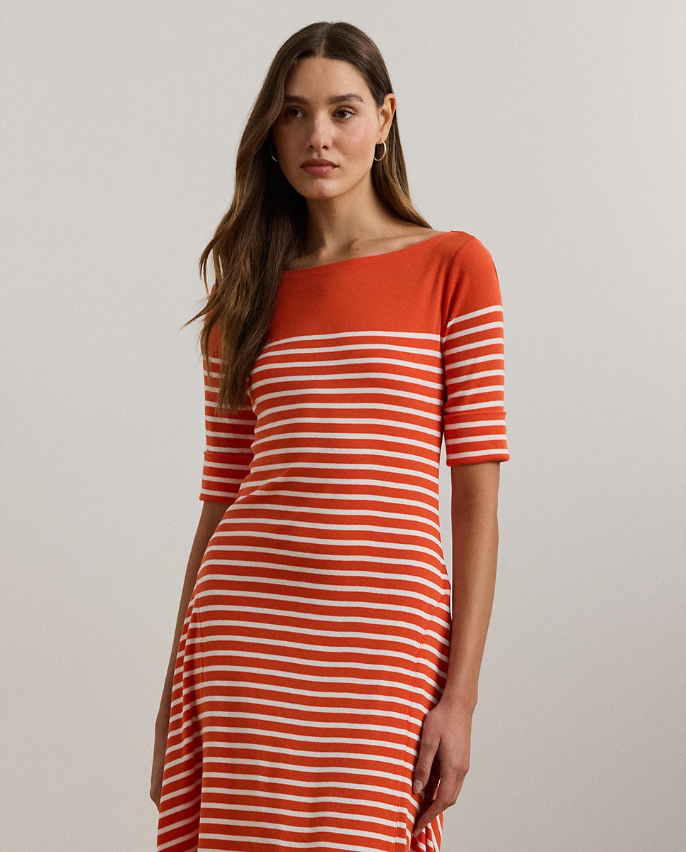 Vestido Midi de Manga Curta às Riscas Laranja-4